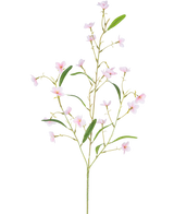 Die künstliche Blume Alstroemeria Real Touch Pink 100 cm hat einen einzelnen Stiel mit mehreren schlanken Zweigen, grünen Blättern und kleinen rosa fünfblättrigen Blüten entlang des Stiels – alles vor einem weißen Hintergrund.