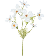 De Kunstbloem Cosmos 74 cm wit heeft verschillende delicate witte bloemen met een geel en oranje hart en vederlichte groene bladeren - ideaal als zijde bloemen voor blijvende elegantie.