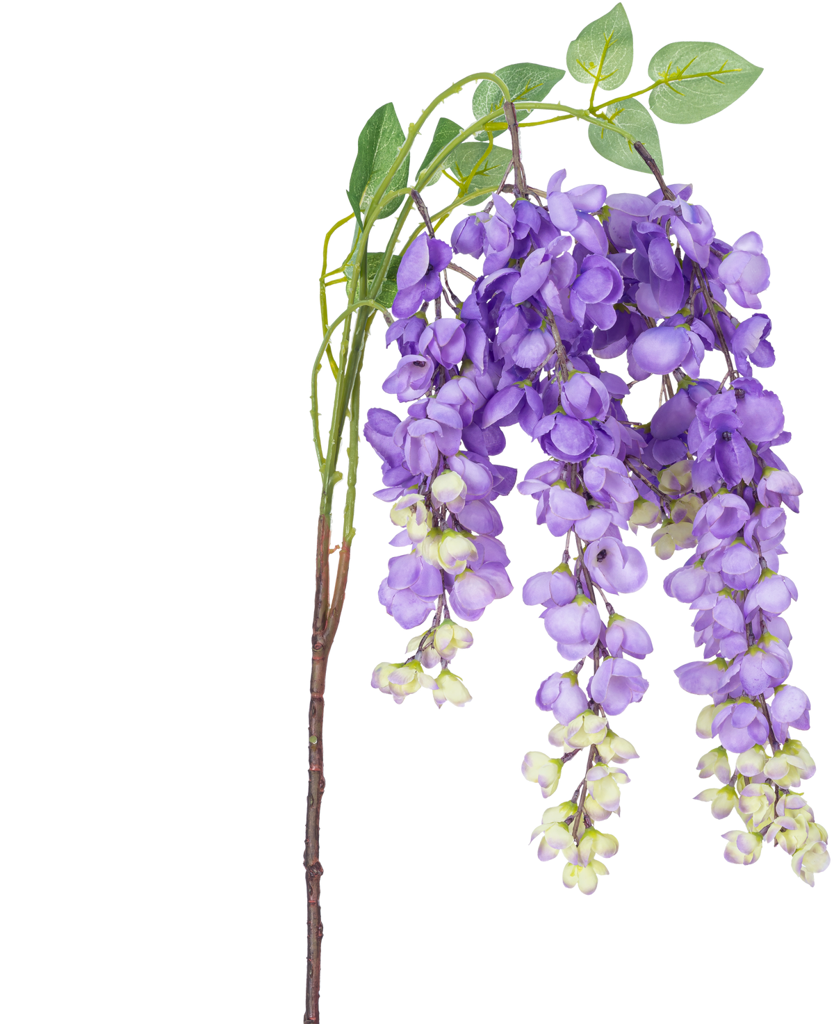 Eine künstliche Glyzinienblume, 115 cm, lila mit lila Glyzinienblüten und grünen Blättern vor einem weißen Hintergrund.