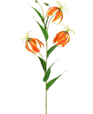 De Kunstbloem Gloriosa Real Touch Oranje 75 cm heeft een hoge groene steel met drie grote oranje en gele lelies en lange, slanke groene bladeren, prachtig weergegeven op een witte achtergrond.