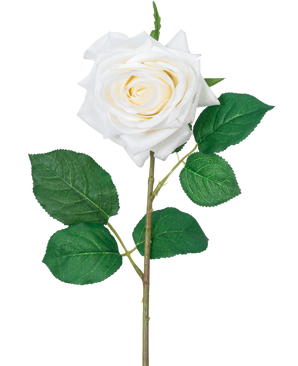 De Kunstroos "Emine" Real Touch Wit 43cm heeft een enkele witte roos met gelaagde bloemblaadjes en groene bladeren op een lange steel, tegen een effen witte achtergrond.
