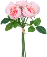 De Kunstrozenboeket "Carmen" Real Touch Pink 36 cm heeft lichtroze pioenrozen met groene bladeren, samengebonden met bruin touw.