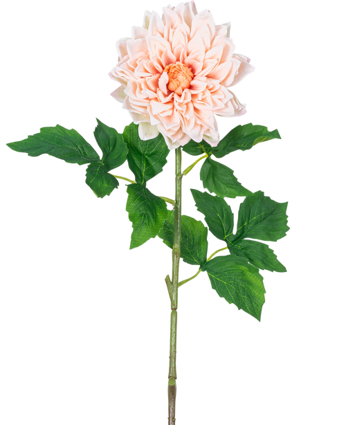 Ein einzelner Kunst Georgine Real Touch Light Pink 70 cm langer Stiel mit geschichteten hellrosa Blütenblättern und grünen Blättern vor einem weißen Hintergrund.