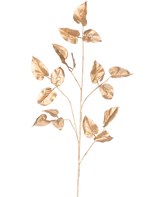 Der Art Branch Salal 95 cm gold hat einen einzelnen goldbemalten Zweig mit mehreren Blättern auf einem schlichten weißen Hintergrund.
