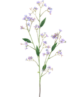 De Kunsttak Daphne Spray 108 cm paars heeft een lange groene stengel met meerdere takken, elk versierd met kleine paarse bloemen en groene bladeren, tegen een effen witte achtergrond.