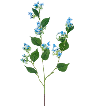 Die künstliche Blumen-Wildhortensie 93 cm blau hat einen einzelnen künstlichen Stiel mit mehreren Zweigen, grünen Blättern und Büscheln kleiner, zarter hellblauer Blüten.