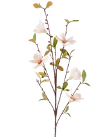 Een kunstbloem Magnolia van 94 cm, crèmekleurig/bruin, met verschillende lichtroze bloemen en groene bladeren aan dunne bruine stelen, afgebeeld tegen een effen witte achtergrond.