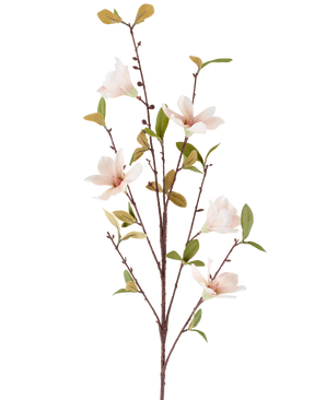 Eine künstliche Magnolienblume von 94 cm, cremefarben/braun, mit mehreren hellrosa Blüten und grünen Blättern an dünnen braunen Stielen, dargestellt vor einem schlichten weißen Hintergrund.