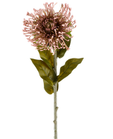 De Kunstbloem Protea 65 cm mauve is een enkele kunstbloem in de vorm van een protea, met een ronde tros mauve, puntige bloemblaadjes, groene bladeren en een lange steel, afgebeeld tegen een effen witte achtergrond.