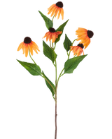 Een enkele Kunstbloem Echinacea van 75 cm, oranje, met vijf levendig oranje zonnehoedjes, elk met een donkerbruin hart en omgeven door groene bladeren, tegen een effen witte achtergrond.
