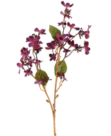 Een Kunstbloem Vernicia Fordii van 63 cm in bordeauxrood, met trossen kleine, donkerpaarse bloemen en groene bladeren aan slanke, lichtbruine stelen, afgebeeld tegen een witte achtergrond.