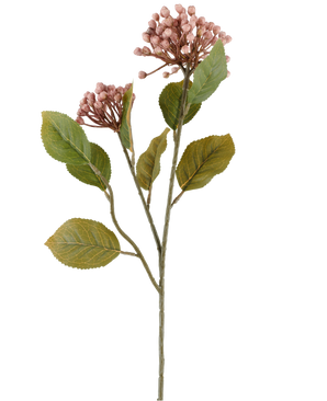 Kunstblume Hortensie 55 cm lila, mit Büscheln kleiner, lila Knospen und grünen Blättern an langen, schlanken braungrünen Stielen, dargestellt auf weißem Hintergrund.