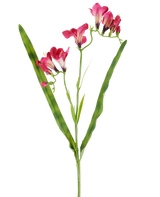 Een kunstbloem: freesia van 56 cm in fuchsia, met levendige fuchsia bloemen en twee lange, slanke groene bladeren, afgebeeld op een witte achtergrond.