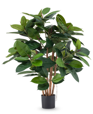 De Kunstplant Rubber deluxe 90 cm heeft meerdere houten stelen en grote, glanzend groene bladeren in een zwarte pot - ideaal om levensechte elegantie toe te voegen aan elke ruimte.