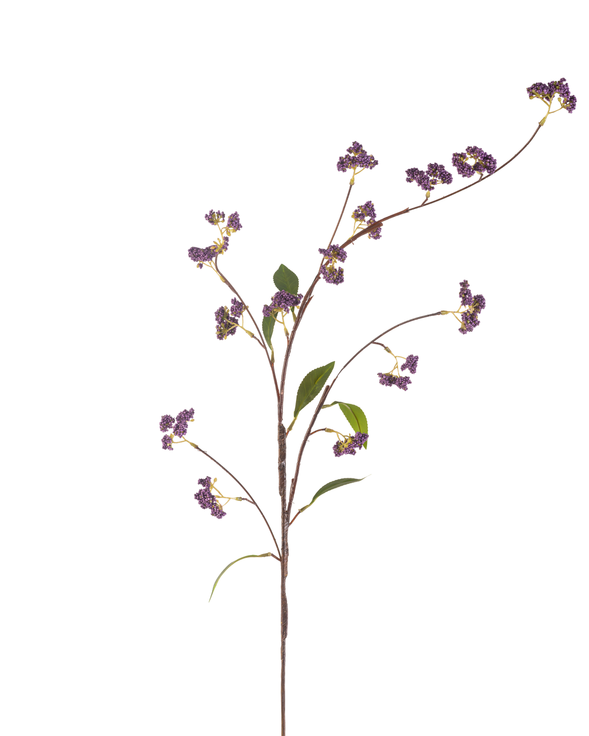 Die künstliche Beerenblume 95 cm lila hat einen einzelnen braunen Stiel mit mehreren Zweigen, verziert mit Trauben lila Beeren und einigen grünen Blättern, perfekt isoliert auf einem weißen Hintergrund.