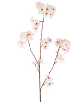 Die künstliche Blume Kirschblüte 85 cm in Rouge hat einen einzelnen braunen Stiel mit mehreren Zweigen, die jeweils mit zarten, blütenrosa Kirschblüten vor einem schlichten weißen Hintergrund verziert sind.