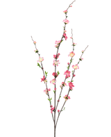 De Kunstbloem Bloesem 93 cm fuchsia/roze heeft drie slanke takken met kleine groene blaadjes en trossen fuchsia en roze bloesems, geïsoleerd op een witte achtergrond.