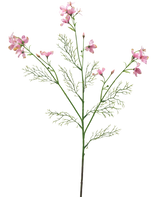 De Kunstbloem Wilde Delphinium 71 cm lichtroze heeft een enkele groene stengel met vederlichte blaadjes en verschillende trosjes tere lichtroze bloemen tegen een effen witte achtergrond.