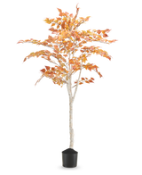 De Kunst Berkenboom "Herfst" 150 cm is een hoge kunstberk met een slanke witte stam en oranjegele herfstbladeren, in een kleine zwarte pot tegen een effen witte achtergrond.