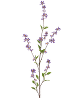 De Kunstbloem Bloemen 119 cm paars heeft een hoge, slanke tak met trossen kleine paarse bloemen en groene bladeren, perfect om elke ruimte op te fleuren.