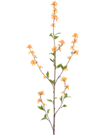 Een hoge, slanke Kunstbloem Bloemen 119 cm geel met verschillende uitlopers met trossen kleine gele bloemen en groene bladeren, geïsoleerd op een witte achtergrond.
