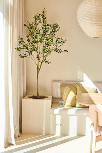 Een Kunst Olijfboom van 180 cm in mediterrane stijl staat bij een raam met doorschijnende gordijnen, vergezeld van een bankje met groene kussens, een ronde houten tafel en een papieren lantaarn in een zonovergoten, minimalistische kamer.