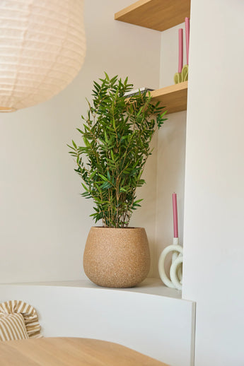 Een Kunstplant Bamboe Deluxe van 90 cm staat op een witte plank naast twee gedraaide roze kaarsen en houten planken; een ronde lampenkap en een gestreept kussen zijn gedeeltelijk zichtbaar.