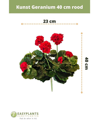 Kunst Geranium 40 cm rood met groene bladeren, 40 cm hoog en 23 cm breed, afgebeeld op een witte achtergrond met maatmarkeringen en het EASYPLANTS KUNSTPLANTEN logo onderaan.
