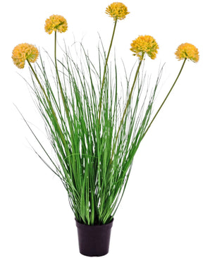 De Kunst Grasplant Onion 70 cm brandvertragend heeft lange, dunne groene bladeren en hoge stelen met ronde trossen kleine gele bloemen. Deze onderhoudsvrije plant staat prachtig tegen een witte achtergrond.