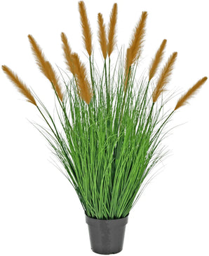 De Kunst Grasplant Struisriet 100 cm brandvertragend heeft lange, slanke groene bladeren en hoge bruine pluimen in een zwarte pot. Het is een levensecht, brandvertragend siergras dat perfect is voor groene decoratie.
