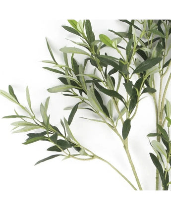 Eine Nahaufnahme des künstlichen Olivenblatts 90 cm UV zeigt schlanke grüne Blätter, die vor einem weißen Hintergrund jedem Raum eine mediterrane Atmosphäre verleihen.