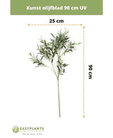 Künstliches Olivenblatt 90 cm UV von EasyPlants, 90 cm hoch und 25 cm breit. Dieses UV-beständige Kunstblatt verleiht Ihrem Raum mit seinen leuchtend grünen Blättern dauerhaft eine mediterrane Atmosphäre.