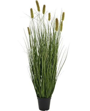 De Kunstgras Matsutake uiengraspot 90cm brandvertragend heeft hoog, slank groen kunstgras met bruine zaadhoofden in een zwarte pot, perfect voor een moderne look.