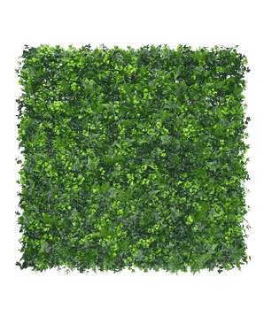 De Kunsthaag mat mix 50x50 cm heeft dicht, kunstmatig groen gebladerte in verschillende tinten, netjes gerangschikt om een levendig greenwall effect te creëren tegen een effen witte achtergrond.