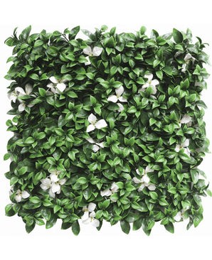 De Kunsthaag Gardenia met witte bloem 50x50 cm UV is een vierkant kunstpaneel met dichte groene bladeren en verspreide kleine witte bloemen, ideaal voor het creëren van een decoratieve tuinmuur of haag.