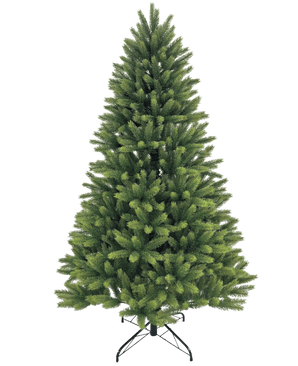 Der künstliche Weihnachtsbaum „Ask“ aus 100 % PE hat dichte, gleichmäßig verteilte grüne Zweige aus echten PE-Nadeln. Es steht auf einem schwarzen Metallständer und ist vor einem schlichten weißen Hintergrund abgebildet.