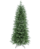 Der künstliche Weihnachtsbaum Slim „Undset“ aus 100 % PE ist ein hoher künstlicher Weihnachtsbaum mit dichten grünen PE-Zweigen, fühlt sich echt an und steht auf einem schwarzen Metallsockel. Es ist schmucklos und wird vor einem schlichten weißen Hintergrund dargestellt.