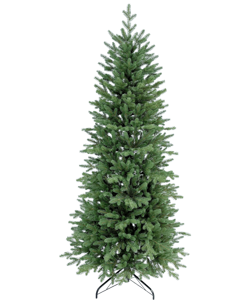 Der künstliche Weihnachtsbaum Slim „Undset“ aus 100 % PE ist ein hoher künstlicher Weihnachtsbaum mit dichten grünen PE-Zweigen, fühlt sich echt an und steht auf einem schwarzen Metallsockel. Es ist schmucklos und wird vor einem schlichten weißen Hintergrund dargestellt.