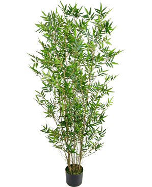 De Kunstplant Bamboe Deluxe 150 cm is een hoge bamboeplant in pot met slanke groene bladeren en meerdere dunne stengels, gefotografeerd tegen een effen witte achtergrond.
