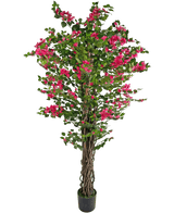 De Kunstplant Bougainvillea 180 cm is een hoge kunstplant met gedraaide bruine stengels, levendige groene bladeren en trossen felroze bloemen in pot.