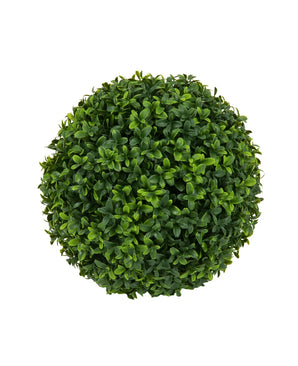 Een dichte, ronde Kunstplant Buxus Romeinse stijl UV D30cm kunst Buxusbol van boven gezien tegen een witte achtergrond.