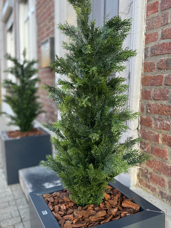 Een close-up van de Kunstplant Conifeer UV 120cm, een groene conifeer kunstplant in een rechthoekige zwarte plantenbak met bruine schorsmulch, uitgestald op een stoep bij een bakstenen gebouw; een andere dergelijke plantenbak staat op de achtergrond.