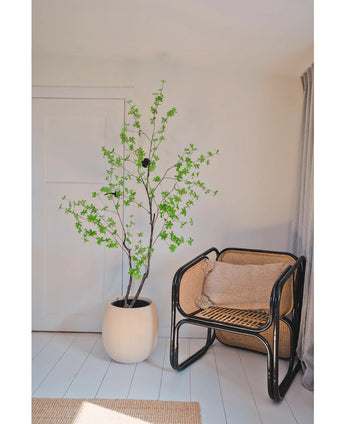 Die künstliche Enkianthus-Pflanze (180 cm) mit grünen Blättern steht neben einem schwarzen Rattanstuhl mit braunem Kissen in einem hellen, minimalistischen Raum mit weißen Wänden und Boden, der durch das von rechts einfallende Licht sanft beleuchtet wird.