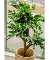 De Kunstplant Ficus Crazy 120 cm, met zijn dichte groene bladeren in een pot met beige structuur, staat bij een groot raam dat de kamer vult met natuurlijk licht. Stijlvolle sierpotten en een betegeld gebied zijn buiten zichtbaar door het raam.