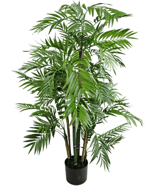 De Kunstplant Parlour 120 cm is een hoge palm in pot met lange, slanke groene bladeren en verschillende bruine stelen, afgebeeld tegen een effen witte achtergrond.