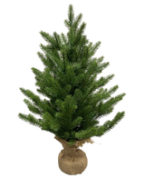 De Kunstkerstboom Mini "Lillemor" 60 cm, gemaakt van 100% PE met dichte groene takken en een eersteklas 'real touch'-gevoel, is verpakt in jute en wordt afgebeeld tegen een effen witte achtergrond.