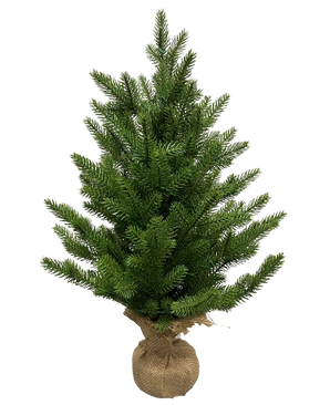 De Kunstkerstboom Mini "Lillemor" 60 cm, gemaakt van 100% PE met dichte groene takken en een eersteklas 'real touch'-gevoel, is verpakt in jute en wordt afgebeeld tegen een effen witte achtergrond.