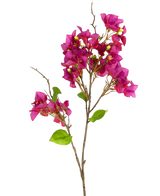 De Kunstbloem Bougainvillea 90 cm paars heeft levendige magenta-paarse bloemen en groene bladeren op slanke bruine stelen, tegen een effen witte achtergrond.