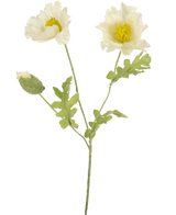 De Kunstbloem Klaproos 73 cm wit is een kunstbloemensteel met twee open witte klaprozenbloemen, een gesloten knop, gestructureerde bloemblaadjes en groene bladeren tegen een effen witte achtergrond.
