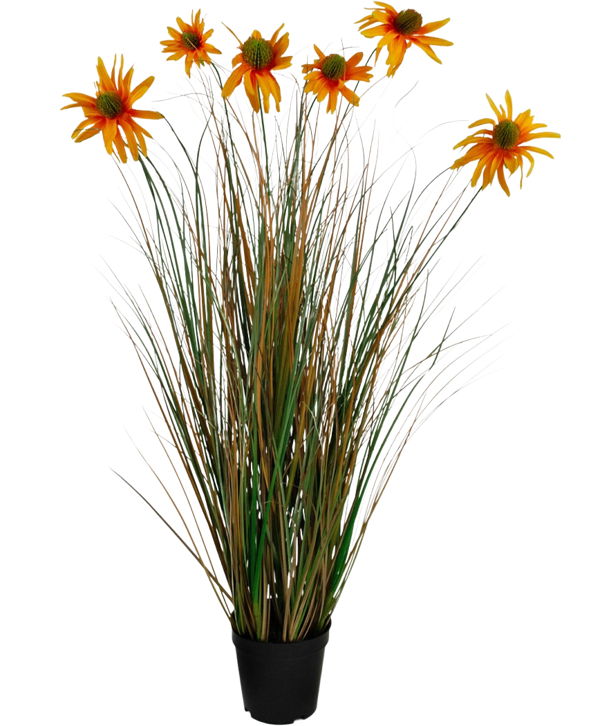 Der feuerhemmende Kunstgras-Chrysanthemen-Zwiebeltopf (90 cm) hat hohe, grüne und braune grasähnliche Blätter mit sieben orangefarbenen künstlichen Gänseblümchenblüten in einem schwarzen Topf vor einem weißen Hintergrund.